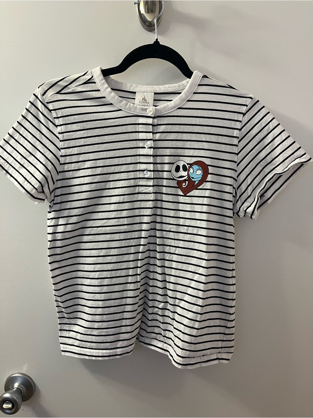 Disney White & Black Striped Tee with Jack and Sally Heart Patch PTP 19-21/L 21